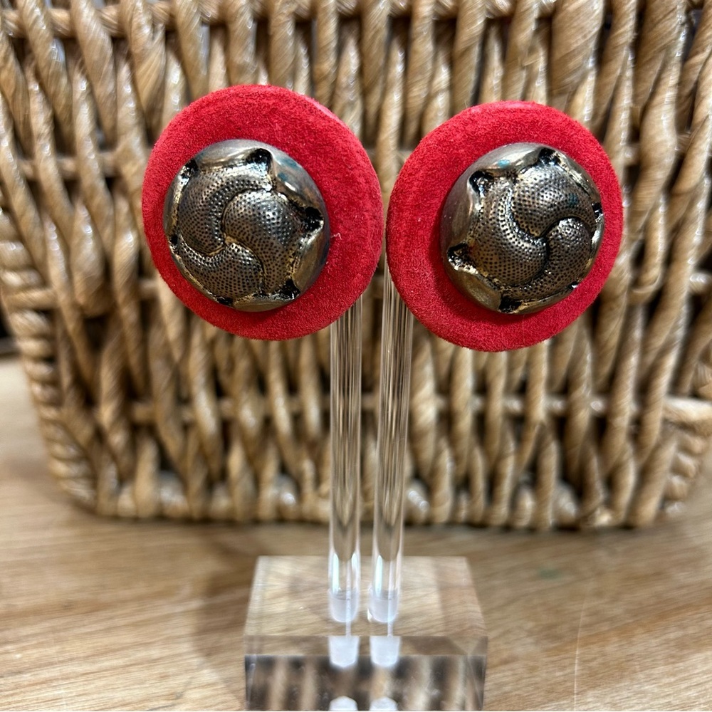 RED SUEDE AND BRASS ORNATE EARRINGS